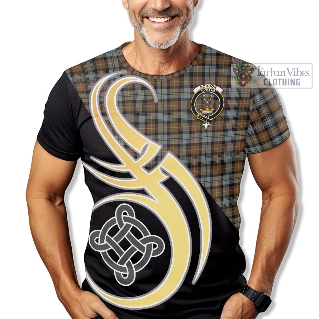 Tartan Vibes Clothing Gordon Weathered Tartan T-Shirt with Family Crest and Celtic Symbol Style