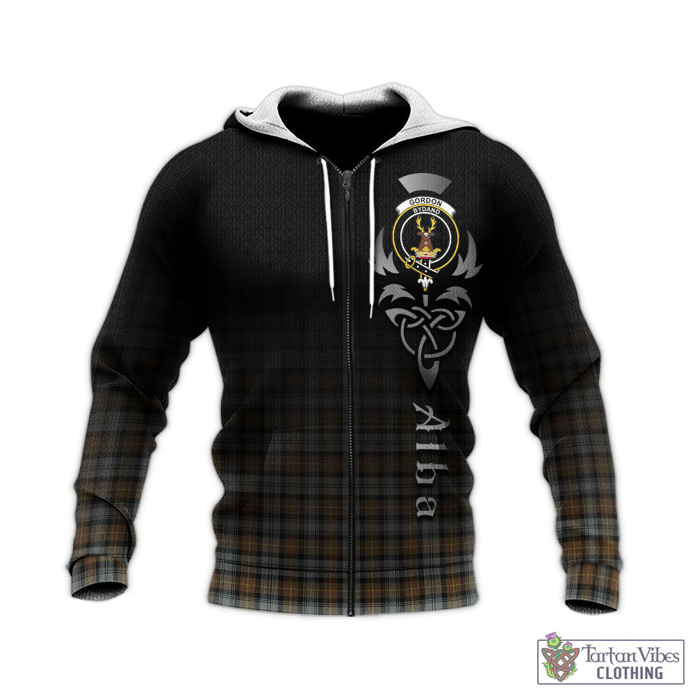 Tartan Vibes Clothing Gordon Weathered Tartan Knitted Hoodie Featuring Alba Gu Brath Family Crest Celtic Inspired