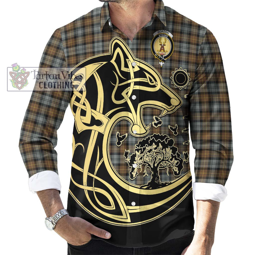 Gordon Weathered Tartan Long Sleeve Button Shirt with Family Crest Celtic Wolf Style - Tartan Vibes Clothing