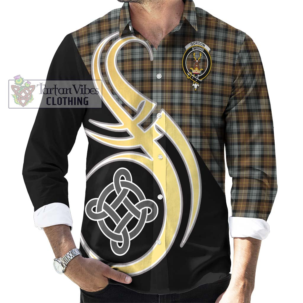 Gordon Weathered Tartan Long Sleeve Button Shirt with Family Crest and Celtic Symbol Style - Tartan Vibes Clothing