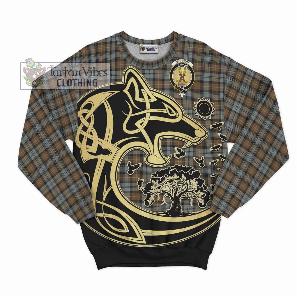 Gordon Weathered Tartan Sweatshirt with Family Crest Celtic Wolf Style - Tartan Vibes Clothing