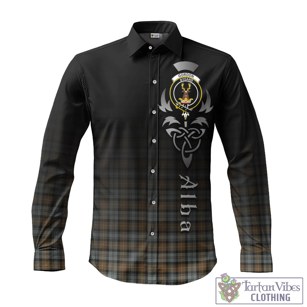 Tartan Vibes Clothing Gordon Weathered Tartan Long Sleeve Button Up Featuring Alba Gu Brath Family Crest Celtic Inspired