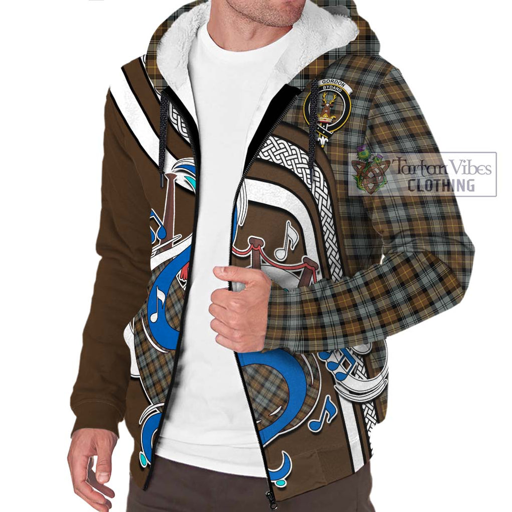 Gordon Weathered Tartan Sherpa Hoodie with Epic Bagpipe Style Unisex - Tartanvibesclothing Shop