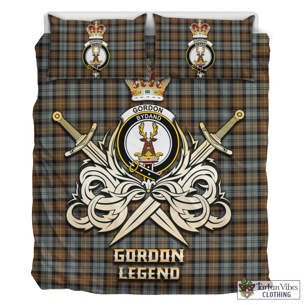 Tartan Vibes Clothing Gordon Weathered Tartan Bedding Set with Clan Crest and the Golden Sword of Courageous Legacy