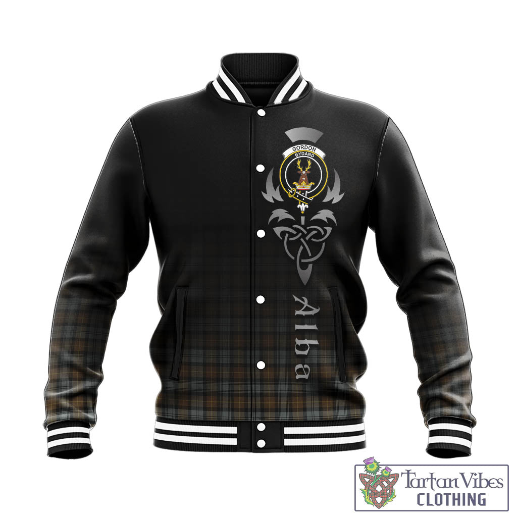 Tartan Vibes Clothing Gordon Weathered Tartan Baseball Jacket Featuring Alba Gu Brath Family Crest Celtic Inspired