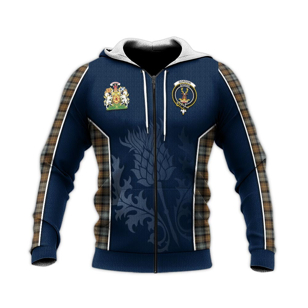 Tartan Vibes Clothing Gordon Weathered Tartan Knitted Hoodie with Family Crest and Scottish Thistle Vibes Sport Style