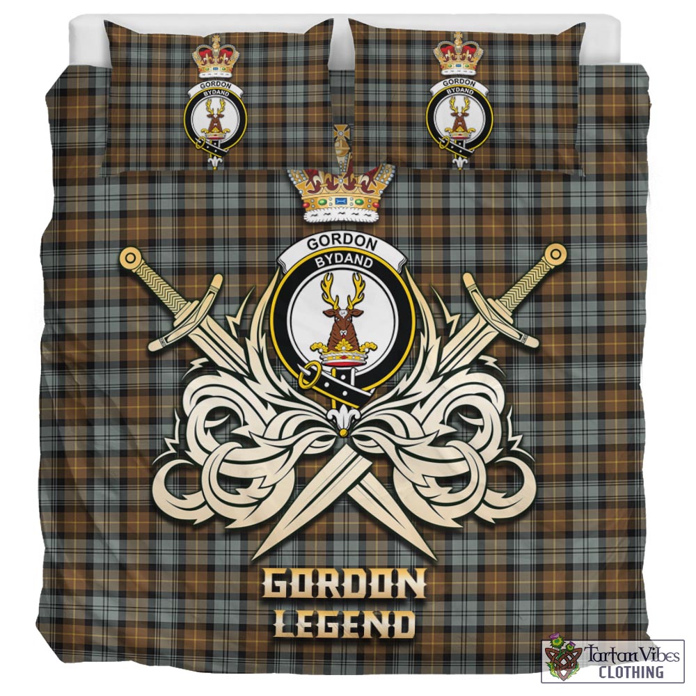 Tartan Vibes Clothing Gordon Weathered Tartan Bedding Set with Clan Crest and the Golden Sword of Courageous Legacy