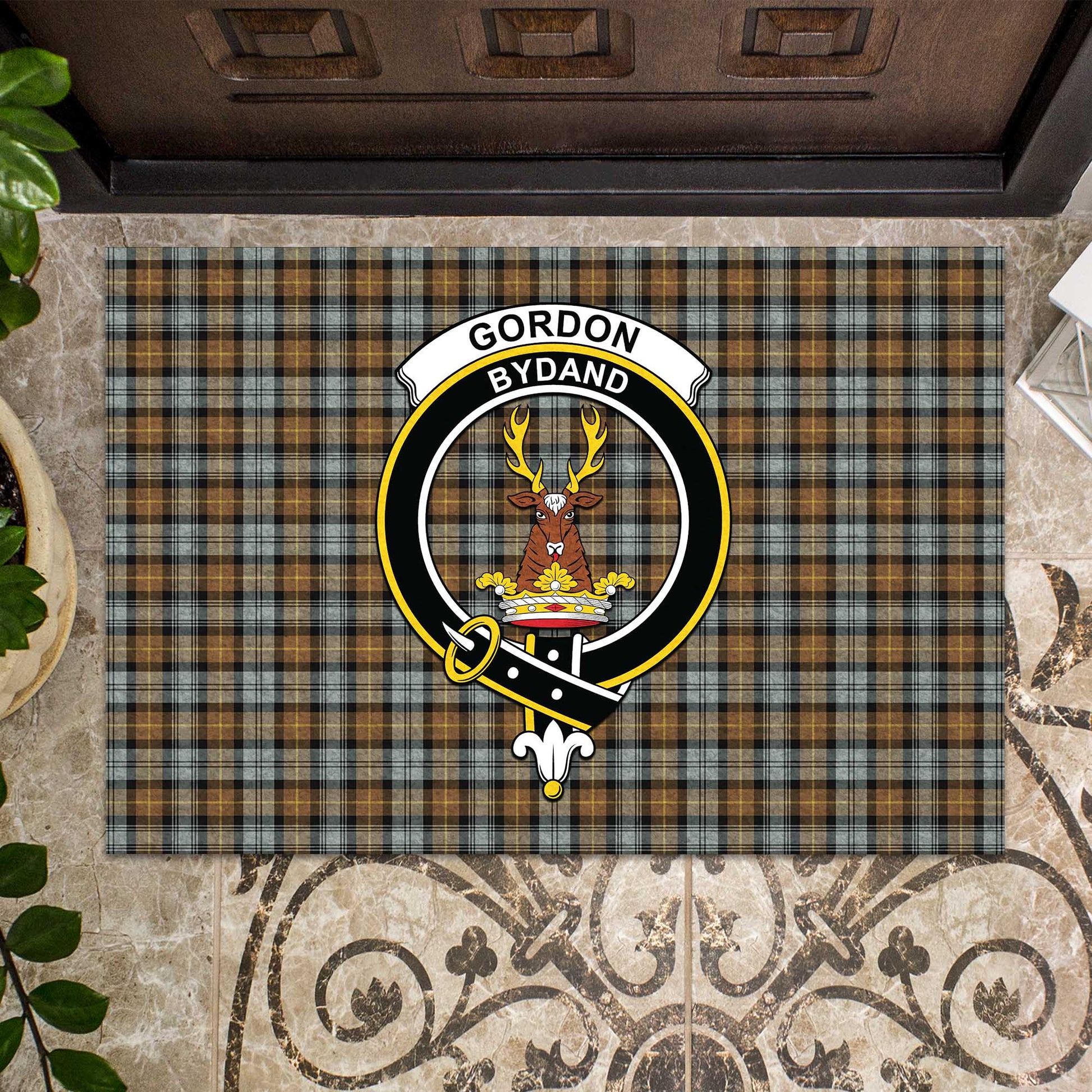 Gordon Weathered Tartan Door Mat with Family Crest - Tartanvibesclothing