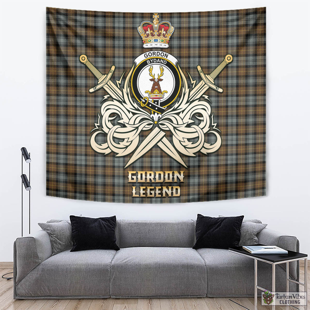 Tartan Vibes Clothing Gordon Weathered Tartan Tapestry with Clan Crest and the Golden Sword of Courageous Legacy