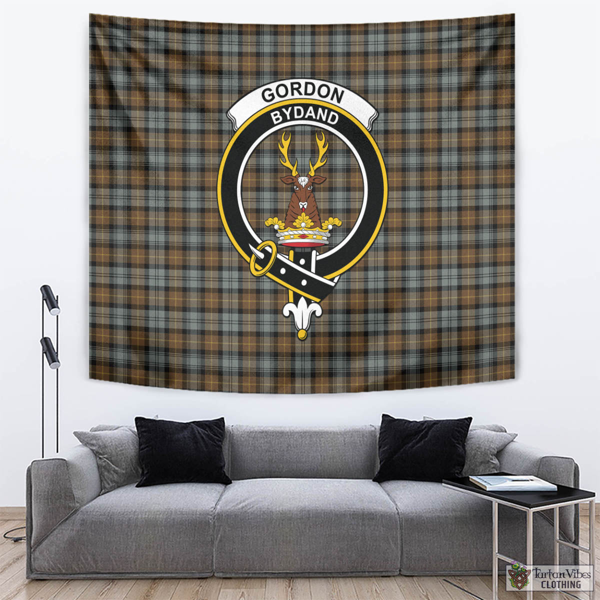 Tartan Vibes Clothing Gordon Weathered Tartan Tapestry Wall Hanging and Home Decor for Room with Family Crest