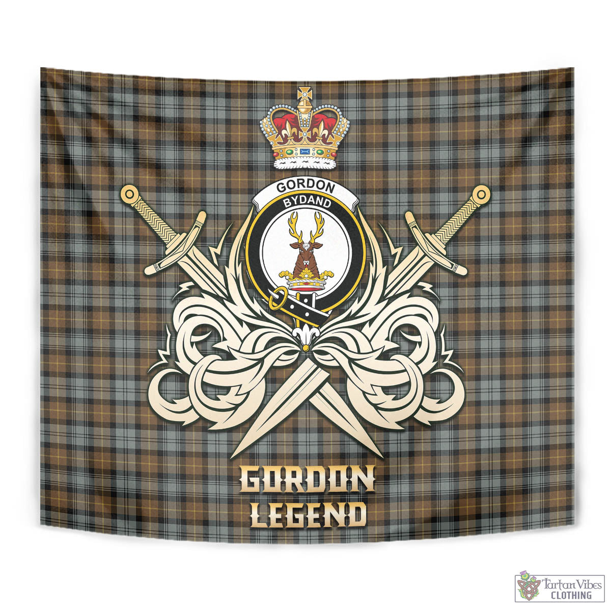 Tartan Vibes Clothing Gordon Weathered Tartan Tapestry with Clan Crest and the Golden Sword of Courageous Legacy