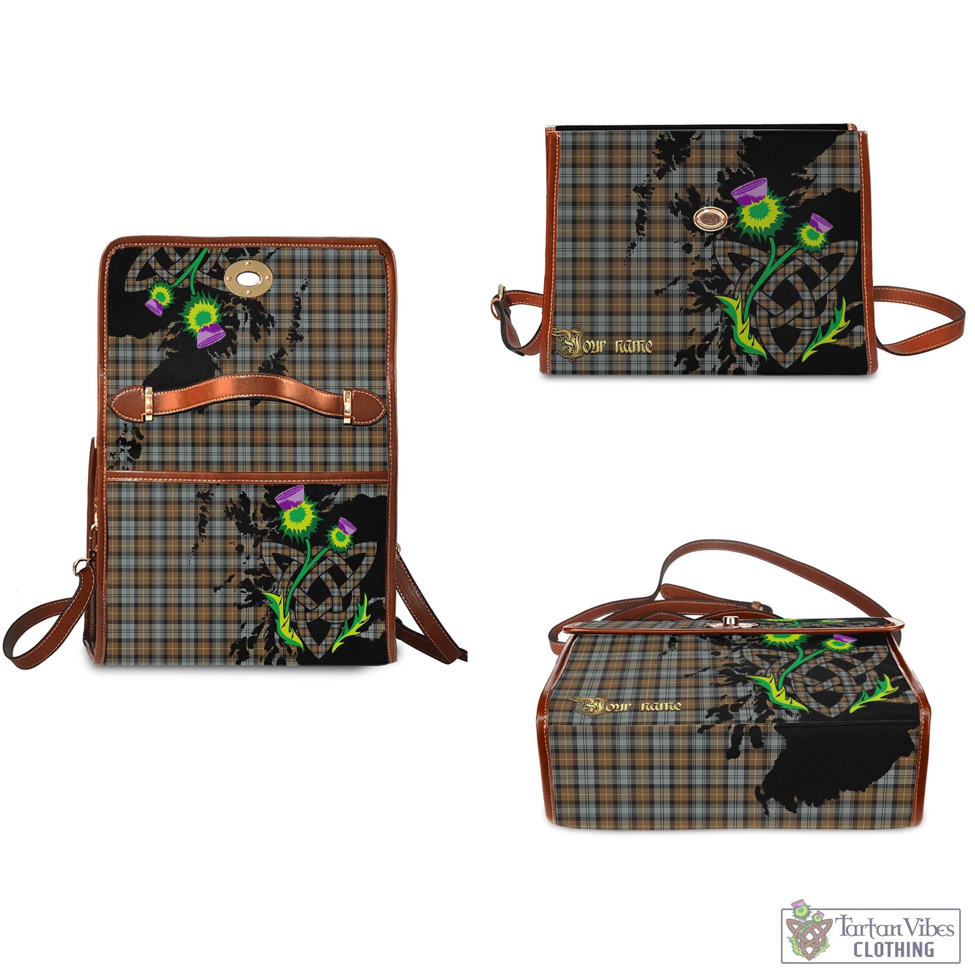 Tartan Vibes Clothing Gordon Weathered Tartan Waterproof Canvas Bag with Scotland Map and Thistle Celtic Accents