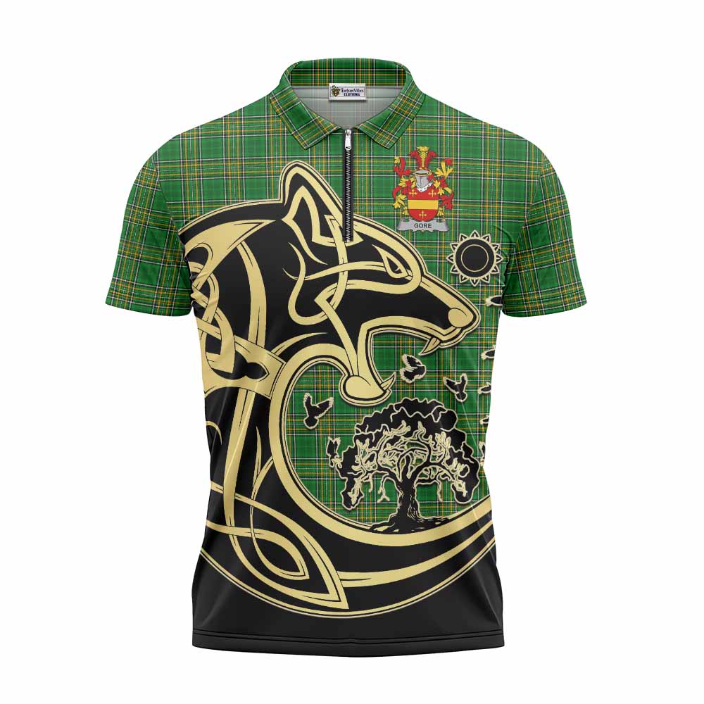 Gore Irish Tartan Zipper Polo Shirt with Coat of Arms Celtic Wolf Style Unisex - Tartan Vibes Clothing