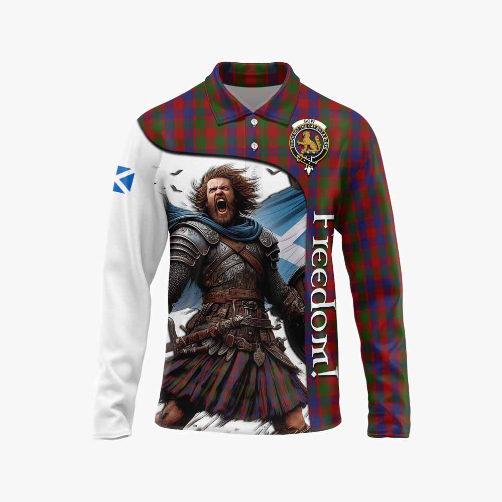 Tartan Vibes Clothing Gow Crest Tartan Long Sleeve Polo Shirt Inspired by the Freedom of Scottish Warrior