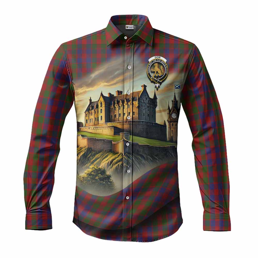 Gow Tartan Family Crest Long Sleeve Button Shirt with Scottish Ancient Castle Style Men's Shirt S - Tartan Vibes Clothing
