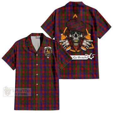 Gow Tartan Short Sleeve Button Shirt with Family Crest and Bearded Skull Holding Bottles of Whiskey