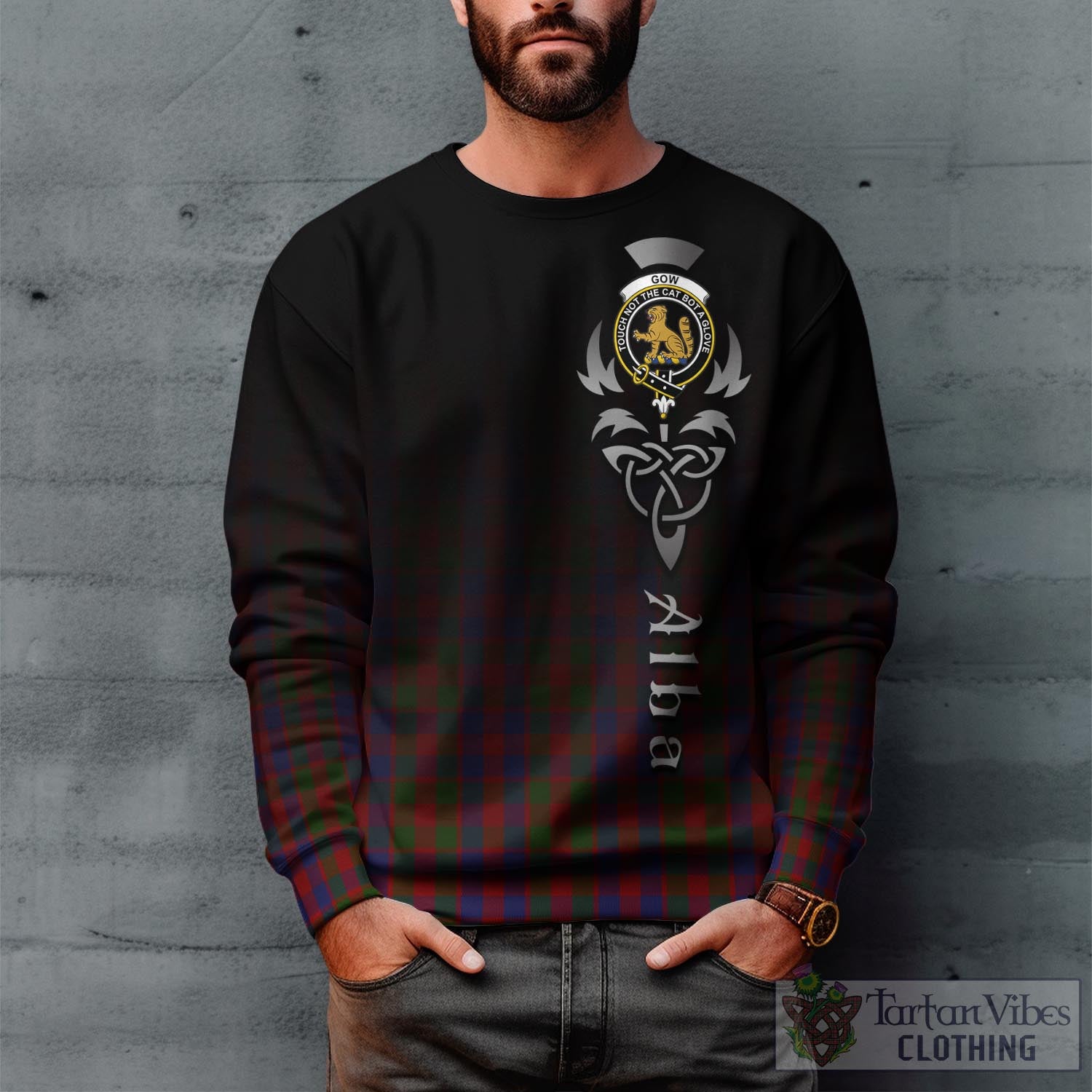 Tartan Vibes Clothing Gow Tartan Sweatshirt Featuring Alba Gu Brath Family Crest Celtic Inspired