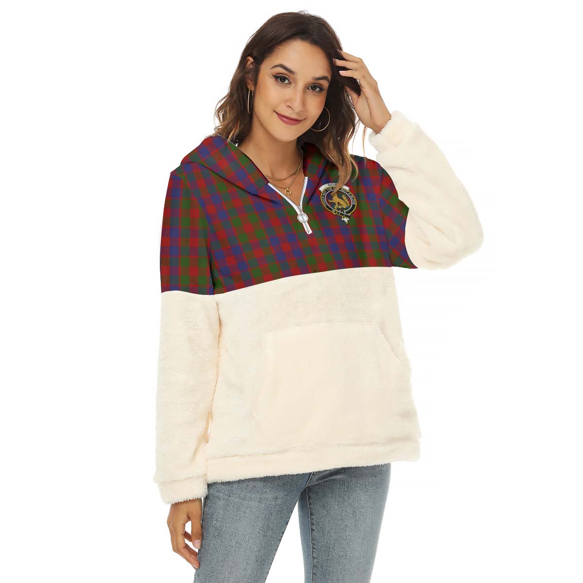 Gow Tartan Women's Borg Fleece Hoodie With Half Zip with Family Crest Female - Tartan Vibes Clothing