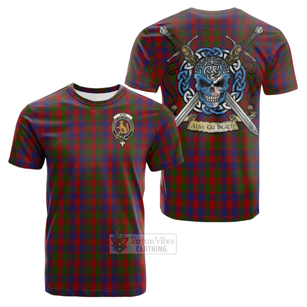 Tartan Vibes Clothing Gow Tartan Cotton T-shirt with Family Crest Celtic Skull Style