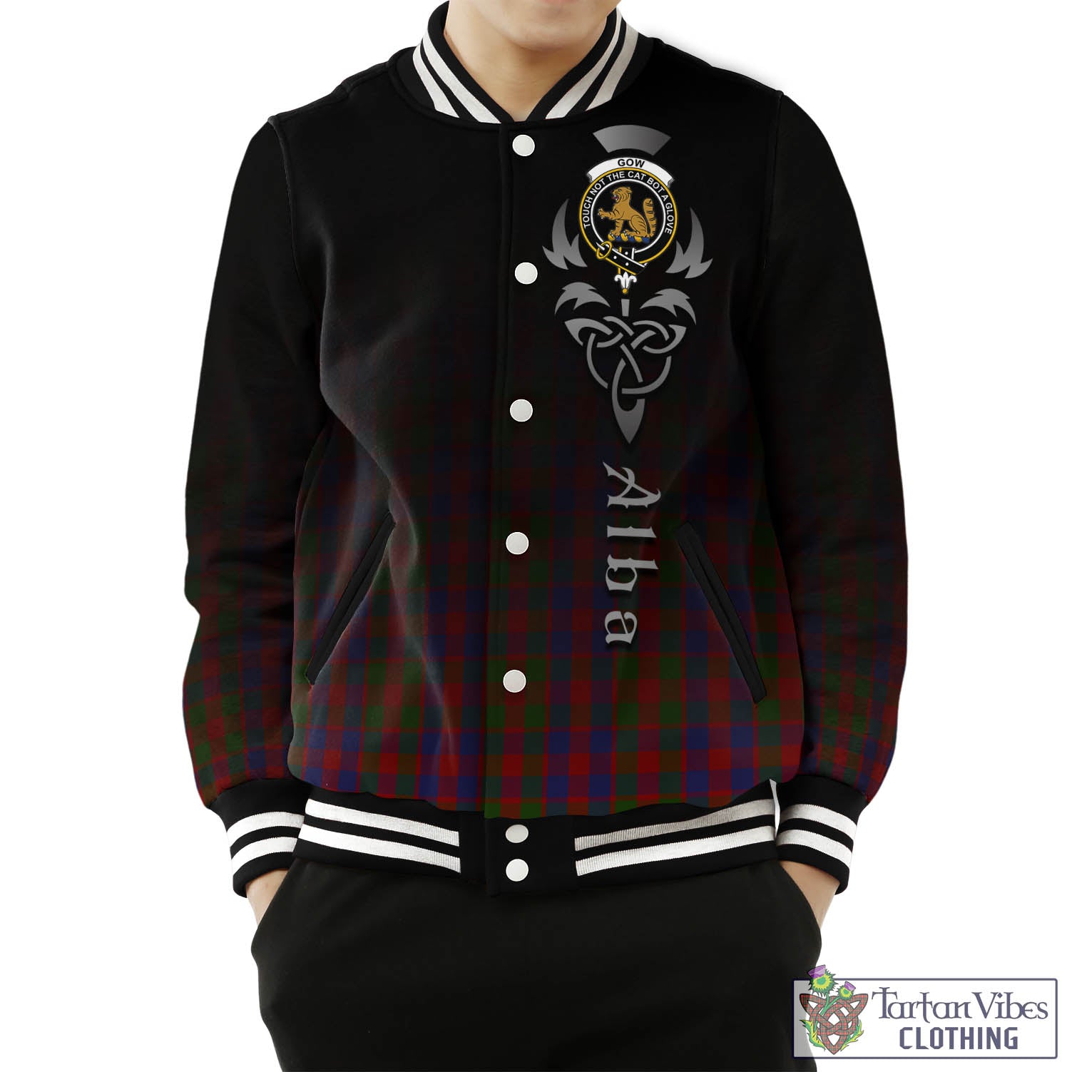 Tartan Vibes Clothing Gow Tartan Baseball Jacket Featuring Alba Gu Brath Family Crest Celtic Inspired