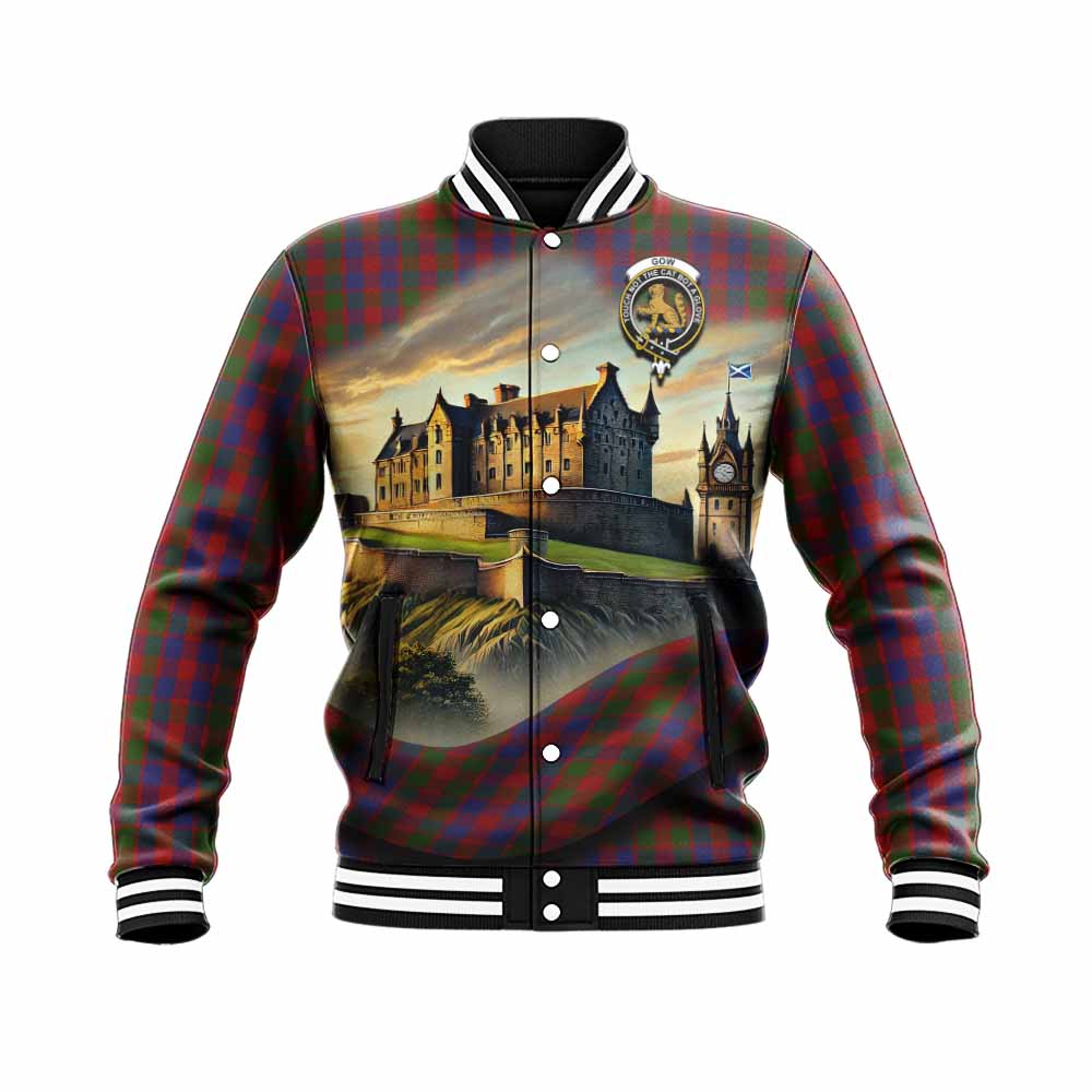 Gow Tartan Family Crest Baseball Jacket with Scottish Ancient Castle Style Unisex - Tartan Vibes Clothing