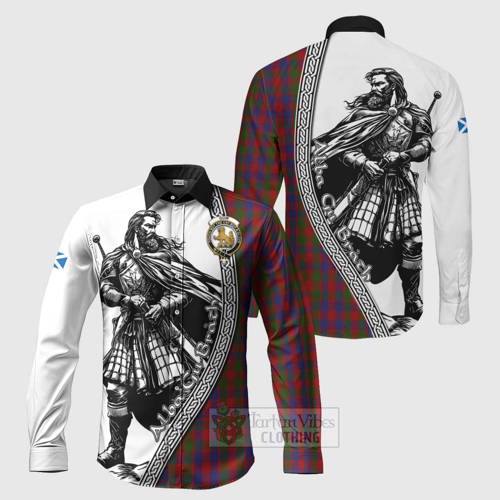 Tartan Vibes Clothing Gow Tartan Clan Crest Long Sleeve Button Shirt with Highlander Warrior Celtic Style