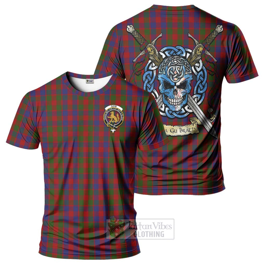 Tartan Vibes Clothing Gow Tartan T-Shirt with Family Crest Celtic Skull Style