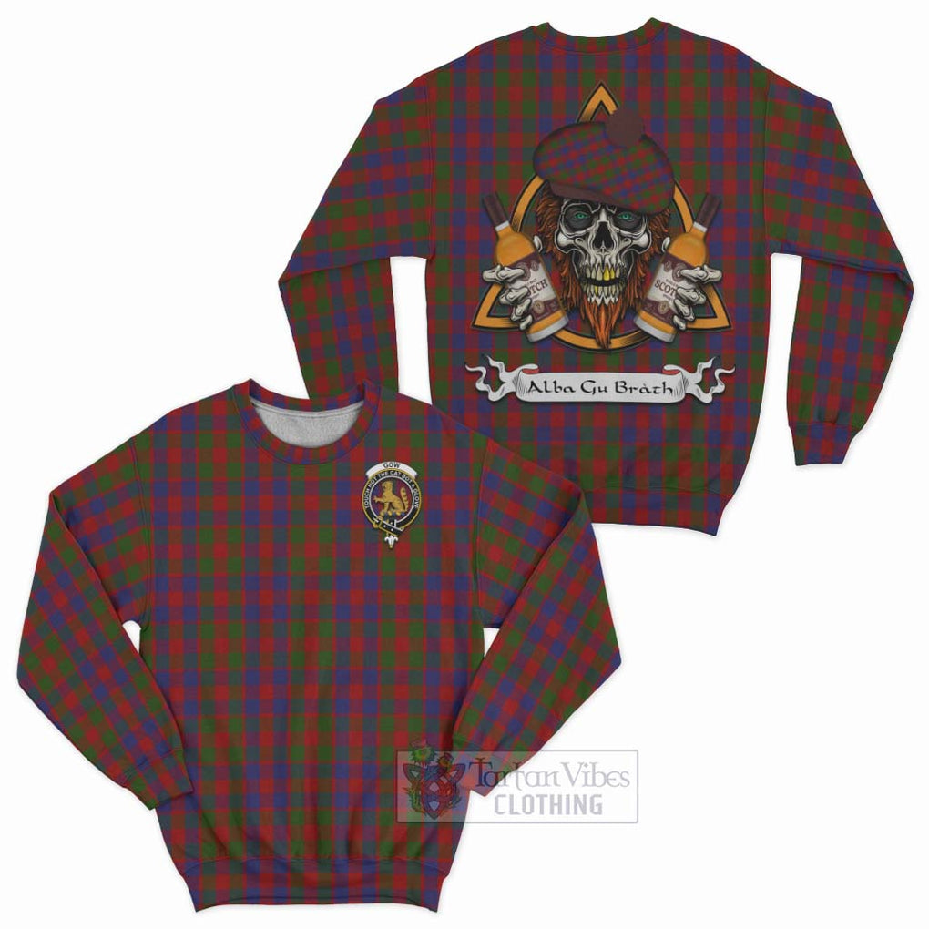 Tartan Vibes Clothing Gow Tartan Sweatshirt with Family Crest and Bearded Skull Holding Bottles of Whiskey