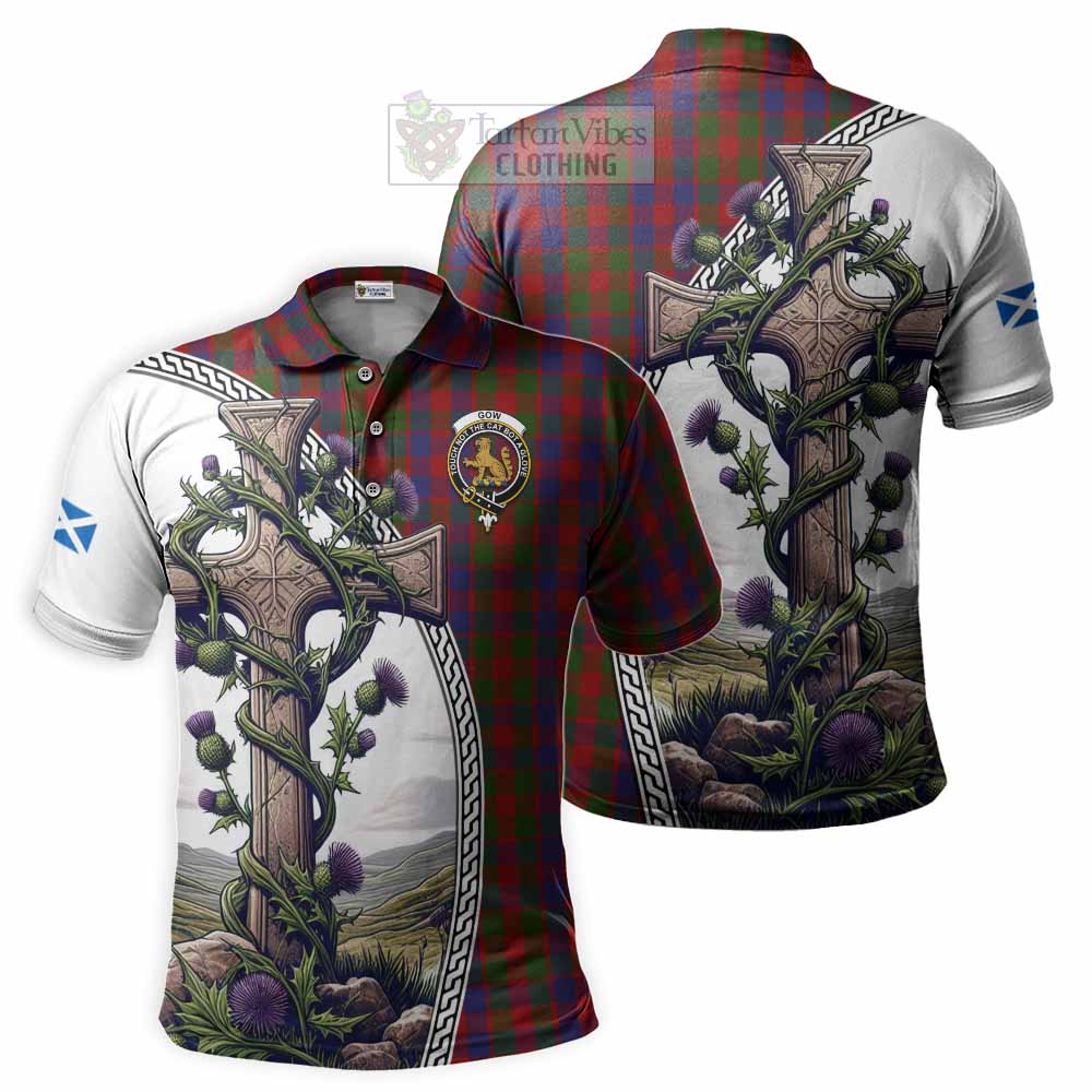 Tartan Vibes Clothing Gow Tartan Polo Shirt with Family Crest and St. Andrew's Cross Accented by Thistle Vines