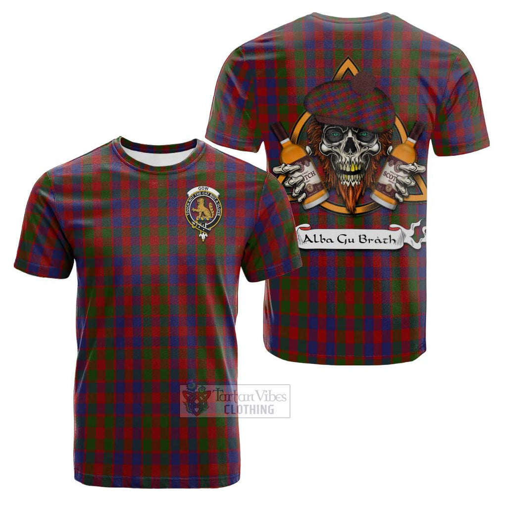 Tartan Vibes Clothing Gow Tartan Cotton T-shirt with Family Crest and Bearded Skull Holding Bottles of Whiskey