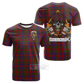 Gow Tartan Cotton T-shirt with Family Crest and Bearded Skull Holding Bottles of Whiskey