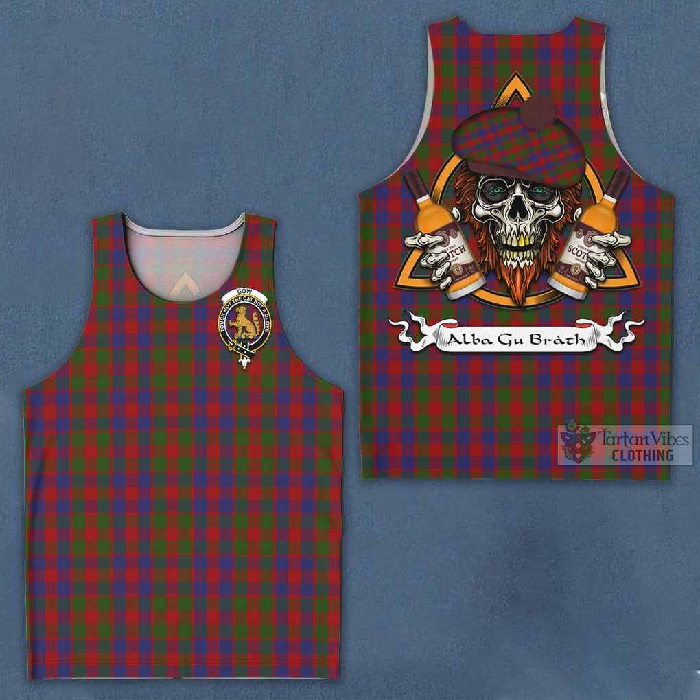 Tartan Vibes Clothing Gow Tartan Men's Tank Top with Family Crest and Bearded Skull Holding Bottles of Whiskey