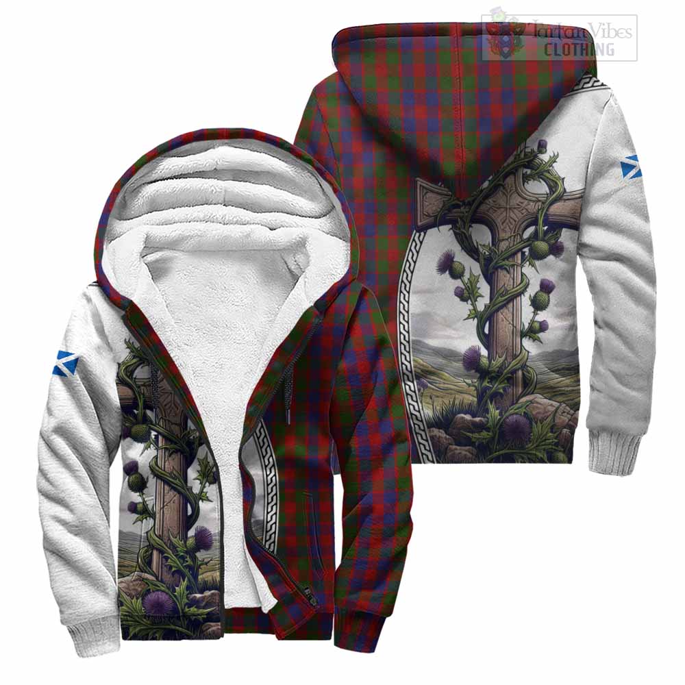 Tartan Vibes Clothing Gow Tartan Sherpa Hoodie with Family Crest and St. Andrew's Cross Accented by Thistle Vines