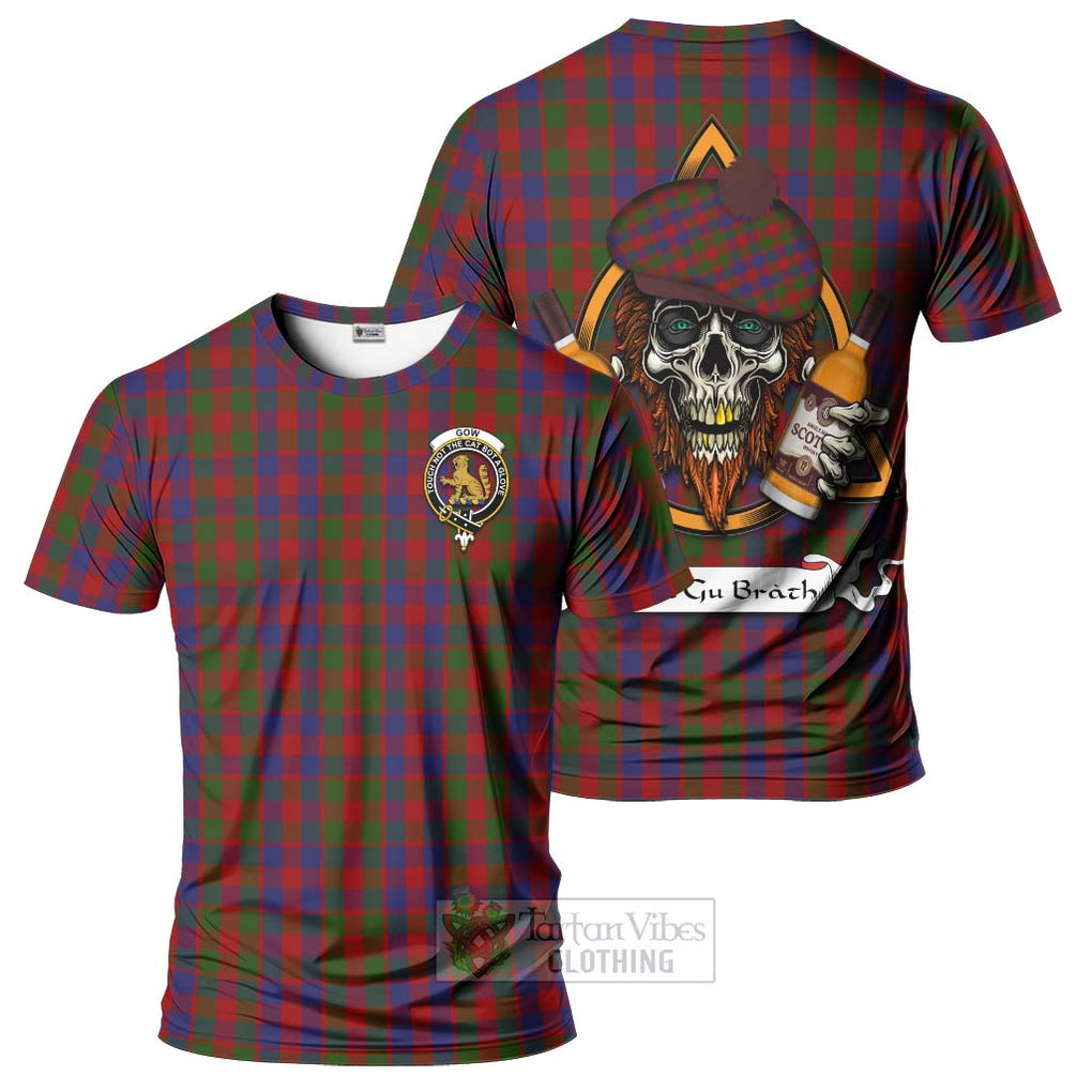 Tartan Vibes Clothing Gow Tartan T-Shirt with Family Crest and Bearded Skull Holding Bottles of Whiskey