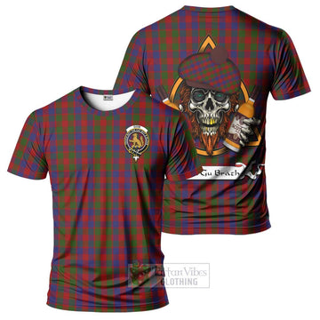 Gow Tartan T-Shirt with Family Crest and Bearded Skull Holding Bottles of Whiskey