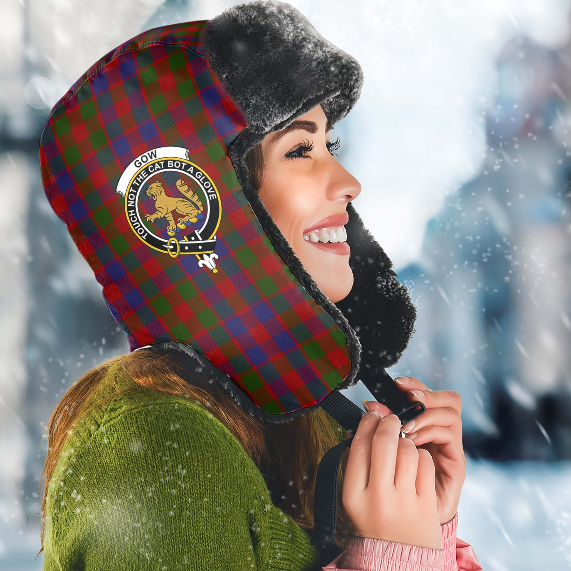 Gow Tartan Winter Trapper Hat with Family Crest Winter Trapper Hat Universal Fit Circumference 22.8in (58cm) - Tartanvibesclothing