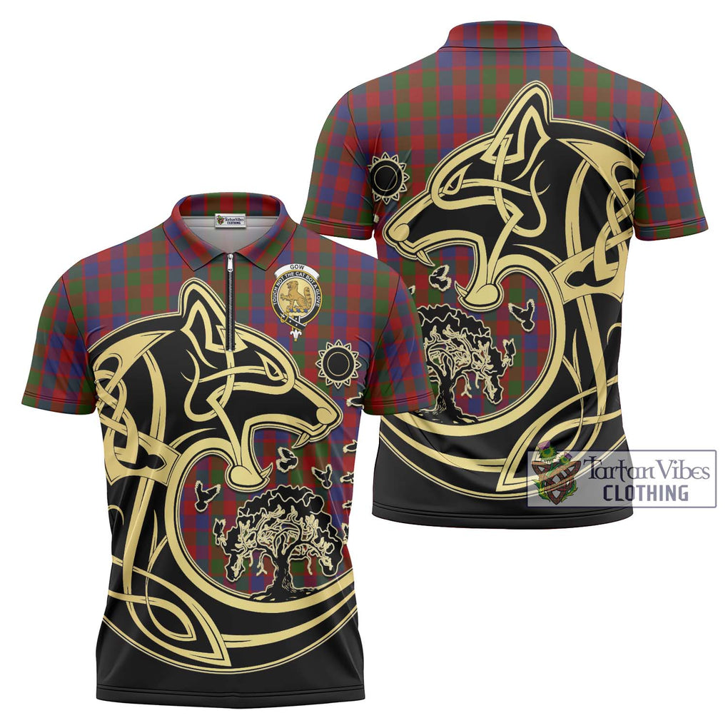 Gow Tartan Zipper Polo Shirt with Family Crest Celtic Wolf Style Unisex - Tartanvibesclothing Shop