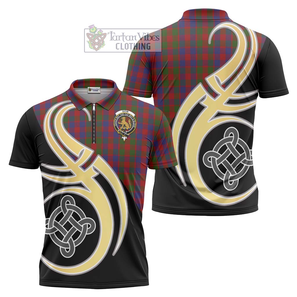 Tartan Vibes Clothing Gow Tartan Zipper Polo Shirt with Family Crest and Celtic Symbol Style