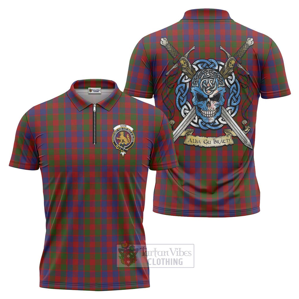 Tartan Vibes Clothing Gow Tartan Zipper Polo Shirt with Family Crest Celtic Skull Style