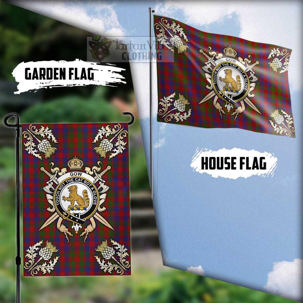 Tartan Vibes Clothing Gow Tartan Flag with Family Crest and Golden Thistle Crossed Sword Design