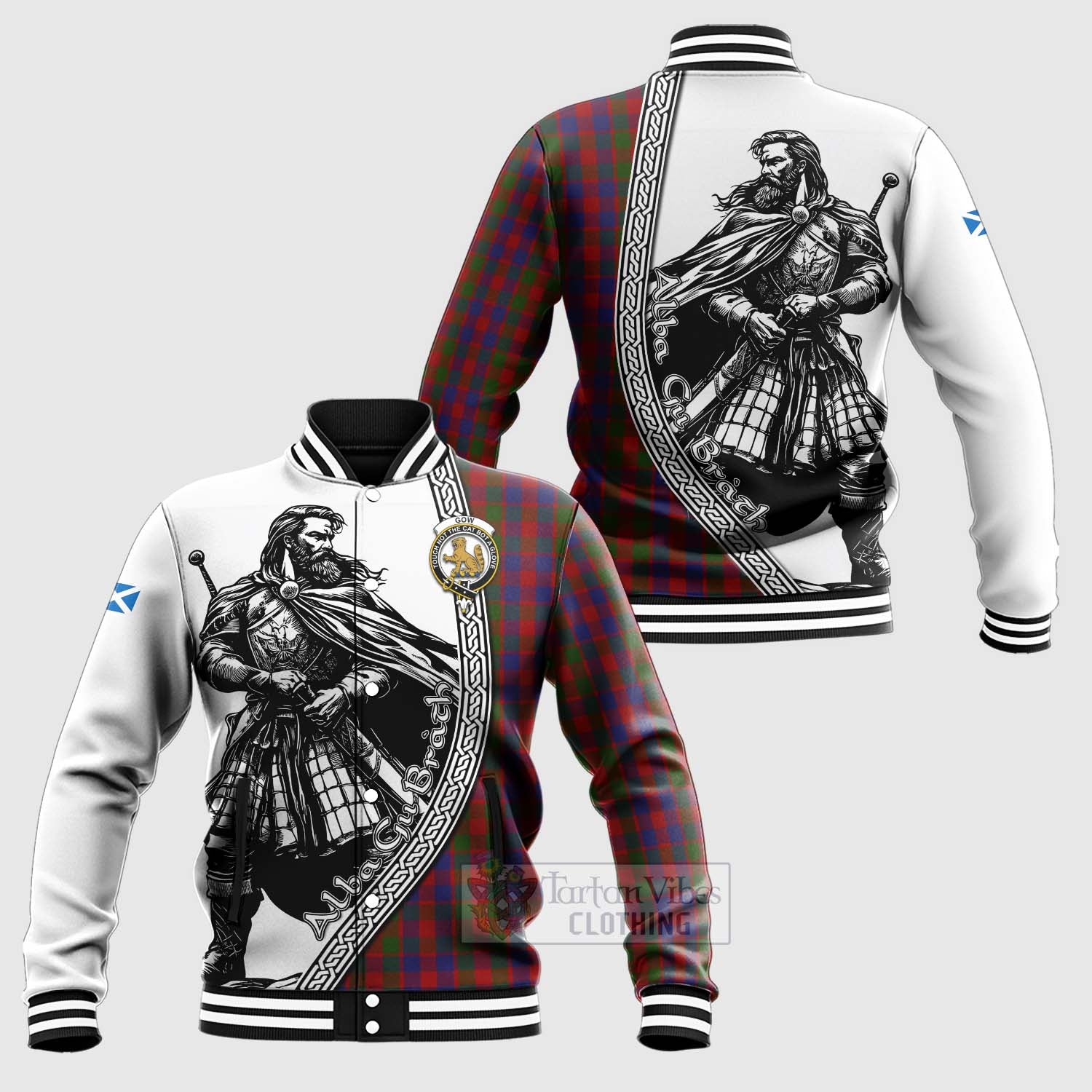 Tartan Vibes Clothing Gow Tartan Clan Crest Baseball Jacket with Highlander Warrior Celtic Style