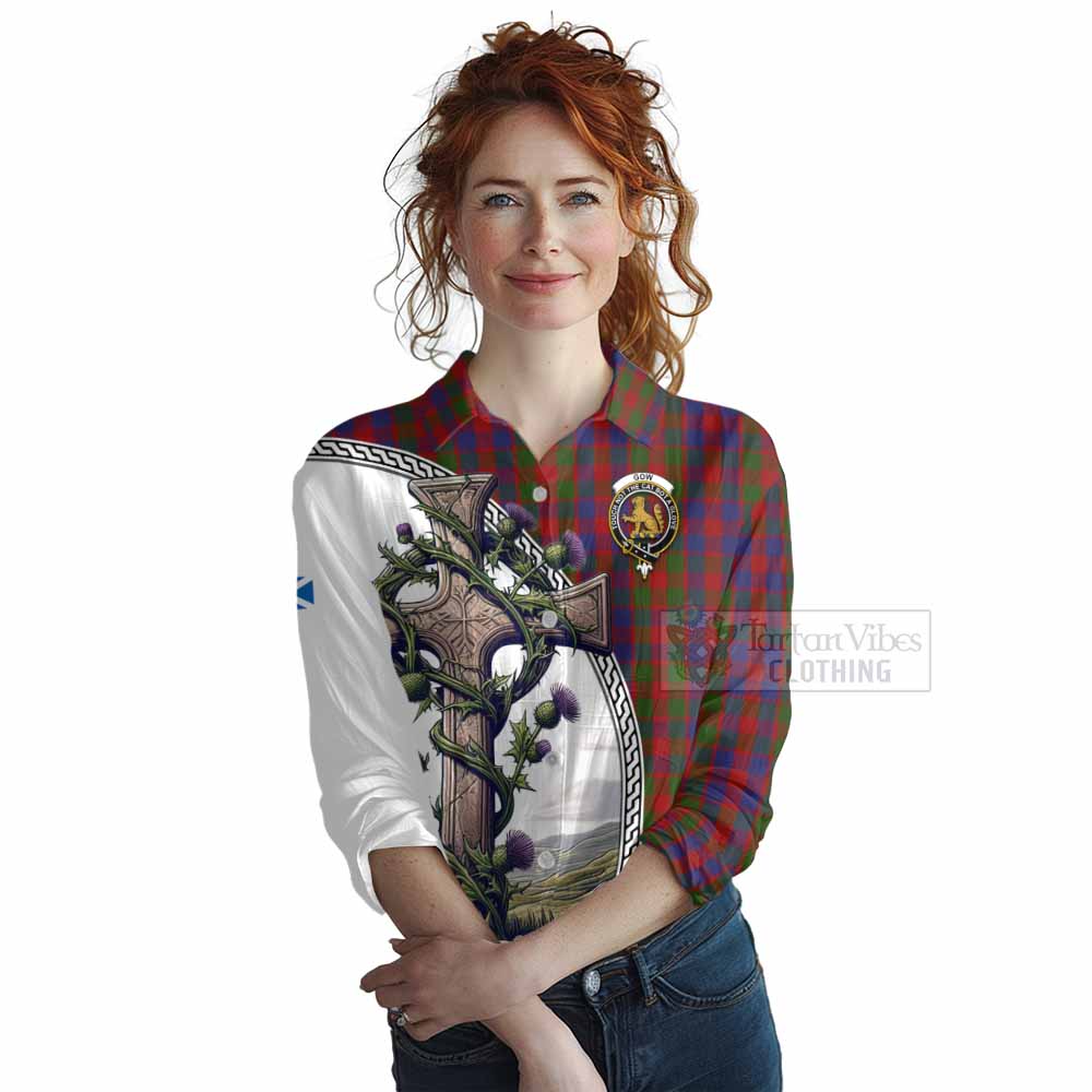 Tartan Vibes Clothing Gow Tartan Women's Casual Shirt with Family Crest and St. Andrew's Cross Accented by Thistle Vines