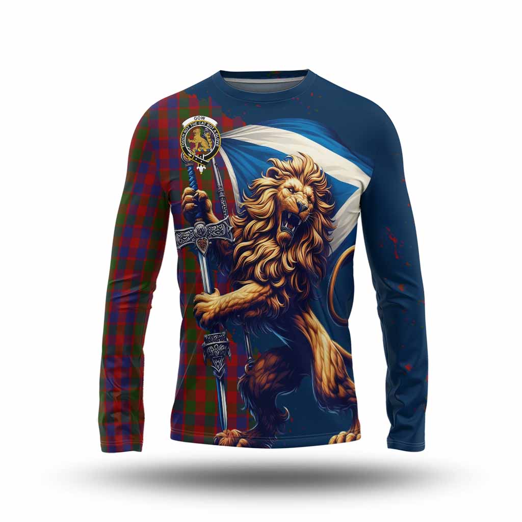 Tartan Vibes Clothing Gow Tartan Family Crest Long Sleeve T-Shirt with Scottish Majestic Lion