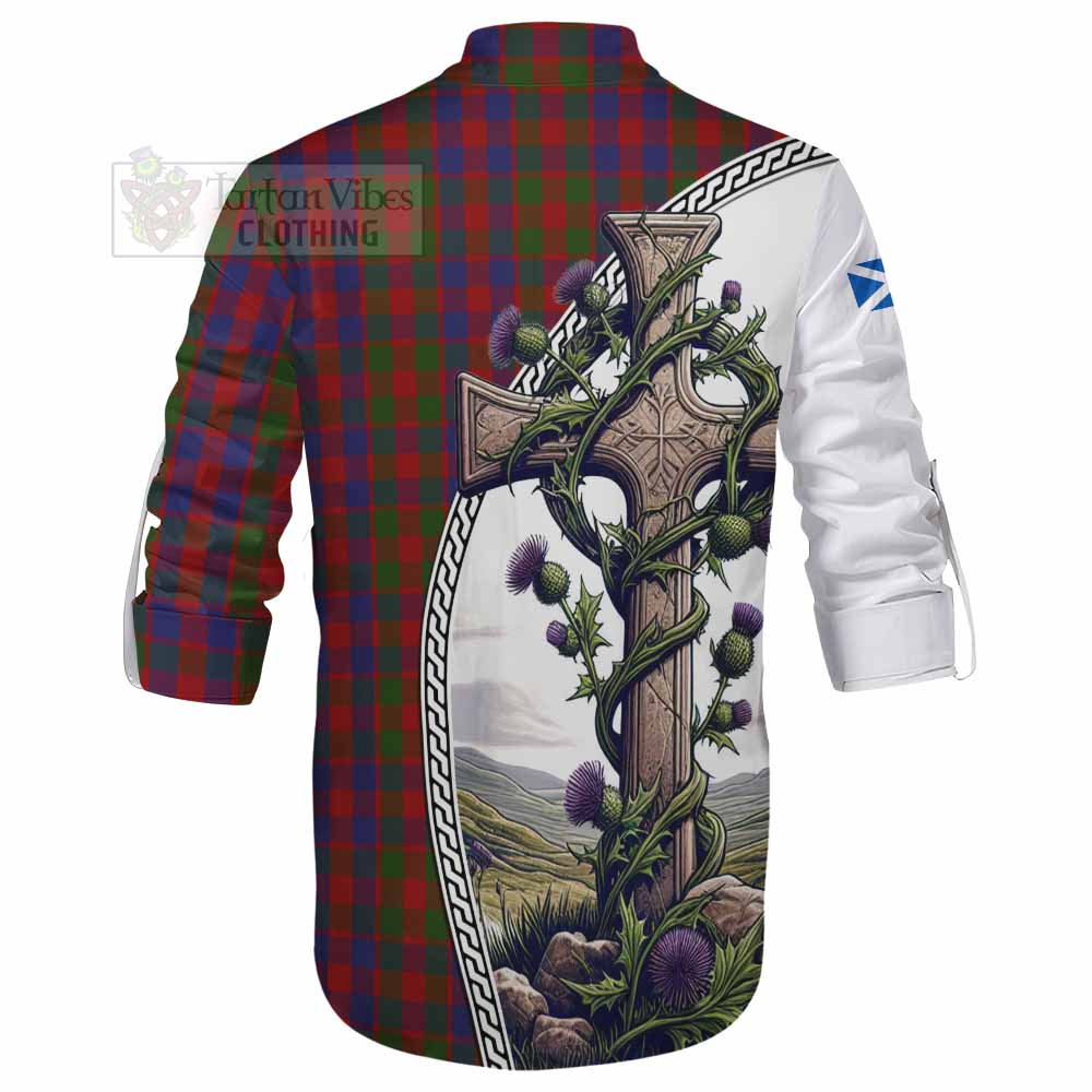 Tartan Vibes Clothing Gow Tartan Ghillie Kilt Shirt with Family Crest and St. Andrew's Cross Accented by Thistle Vines