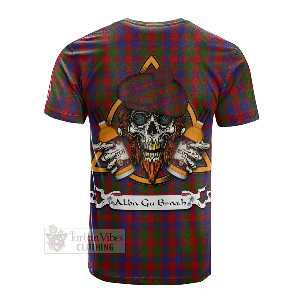 Tartan Vibes Clothing Gow Tartan Cotton T-shirt with Family Crest and Bearded Skull Holding Bottles of Whiskey