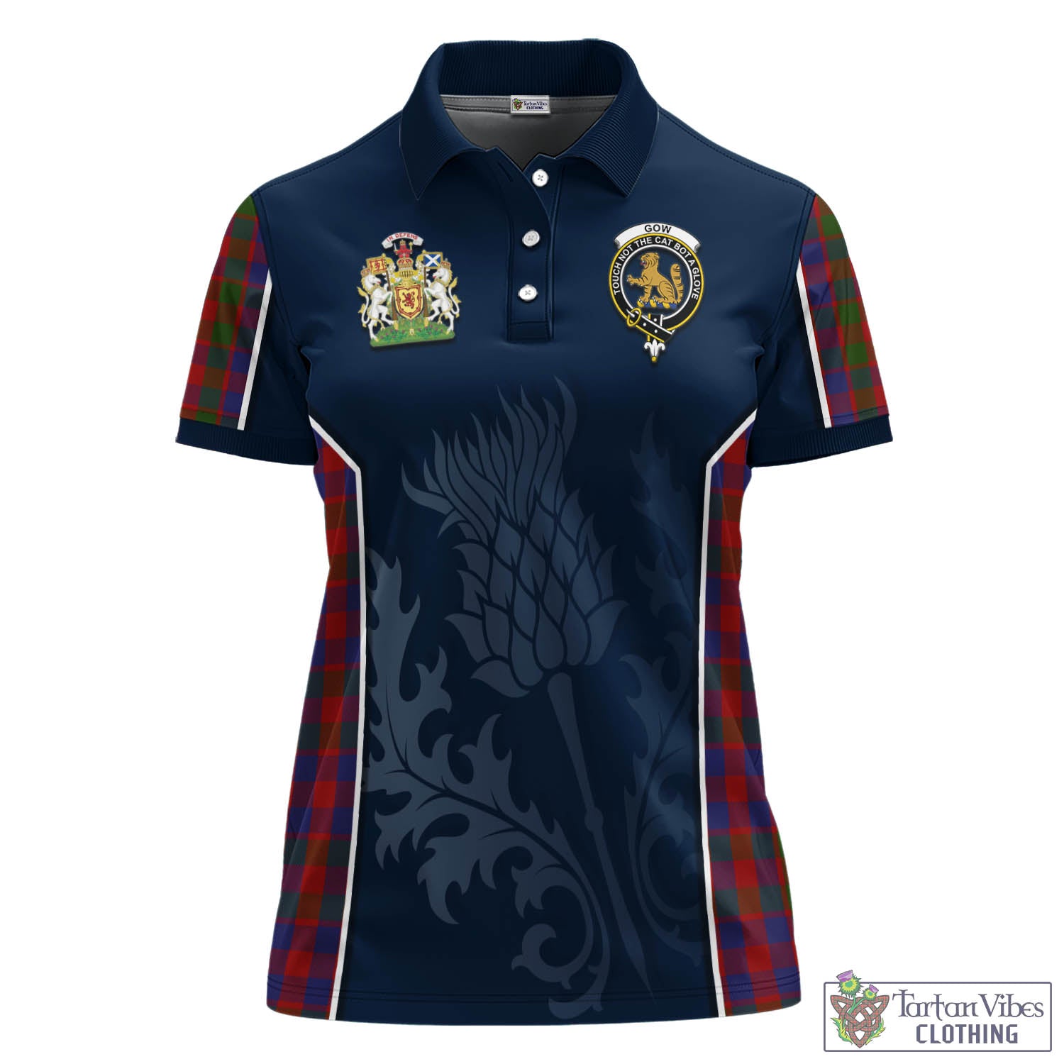 Tartan Vibes Clothing Gow Tartan Women's Polo Shirt with Family Crest and Scottish Thistle Vibes Sport Style