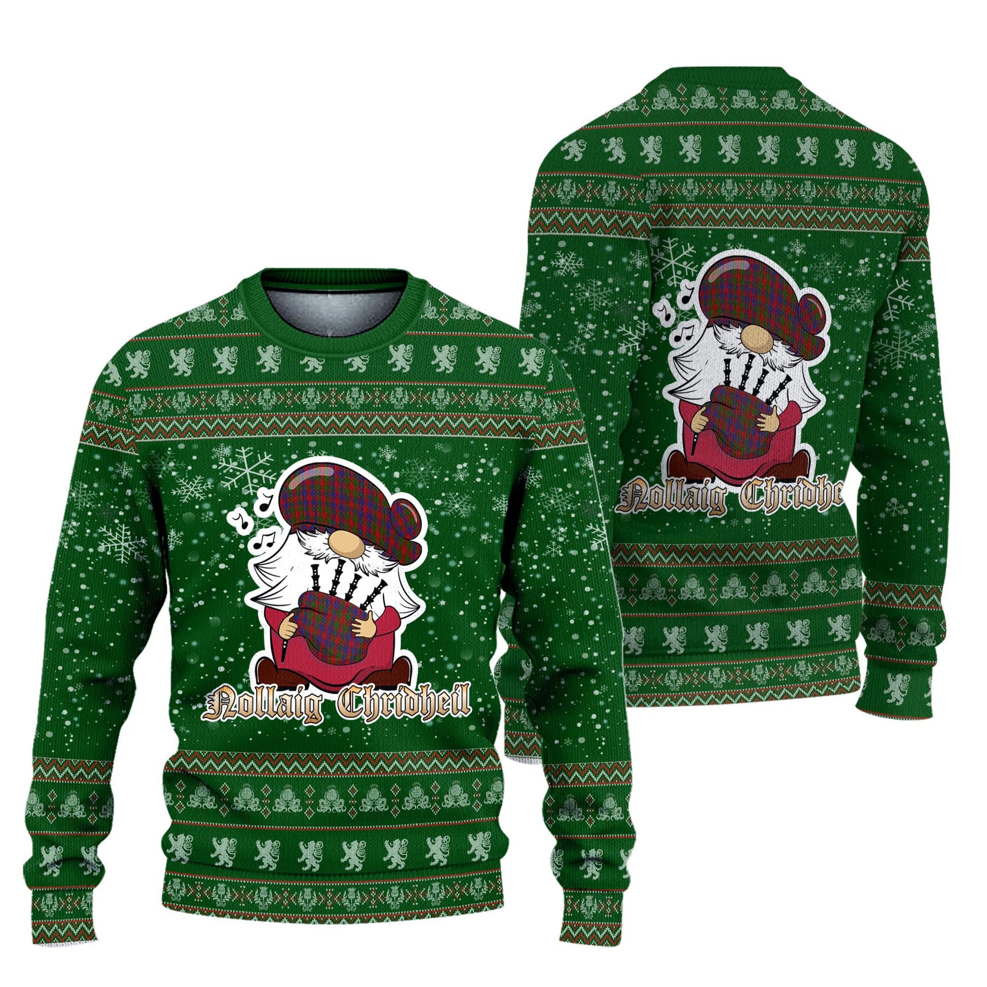 Gow Clan Christmas Family Knitted Sweater with Funny Gnome Playing Bagpipes Unisex Green - Tartanvibesclothing