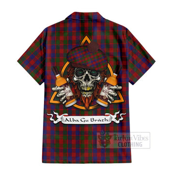 Gow Tartan Short Sleeve Button Shirt with Family Crest and Bearded Skull Holding Bottles of Whiskey