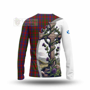 Gow Tartan Long Sleeve T-Shirt with Family Crest and St. Andrew's Cross Accented by Thistle Vines