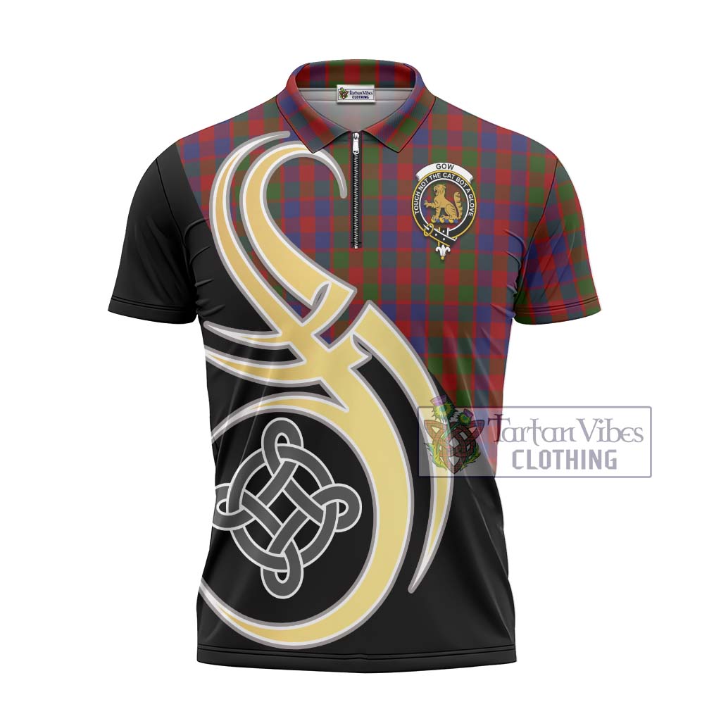 Tartan Vibes Clothing Gow Tartan Zipper Polo Shirt with Family Crest and Celtic Symbol Style